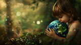 World peace, young boy tenderly holding and embracing the Earth in his hands amidst a lush green natural background, concept of love and care for the environment