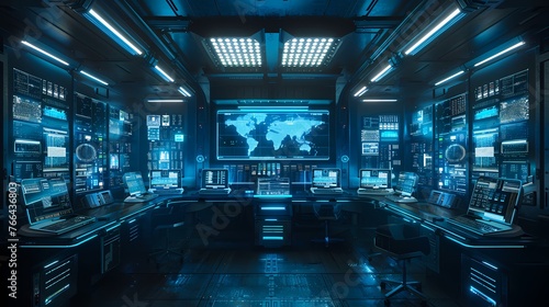 Ein Konrollraum voller Computer und Anzeigen.