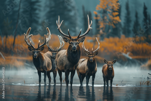 A herd of elk with impressive antlers stands in shallow water amidst mist, with autumnal forest in the background..