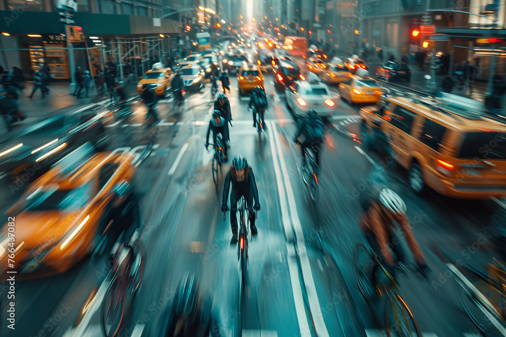 blurred motion capture of cyclists and pedestrians crossing a busy urban street, evoking the rush of city life.