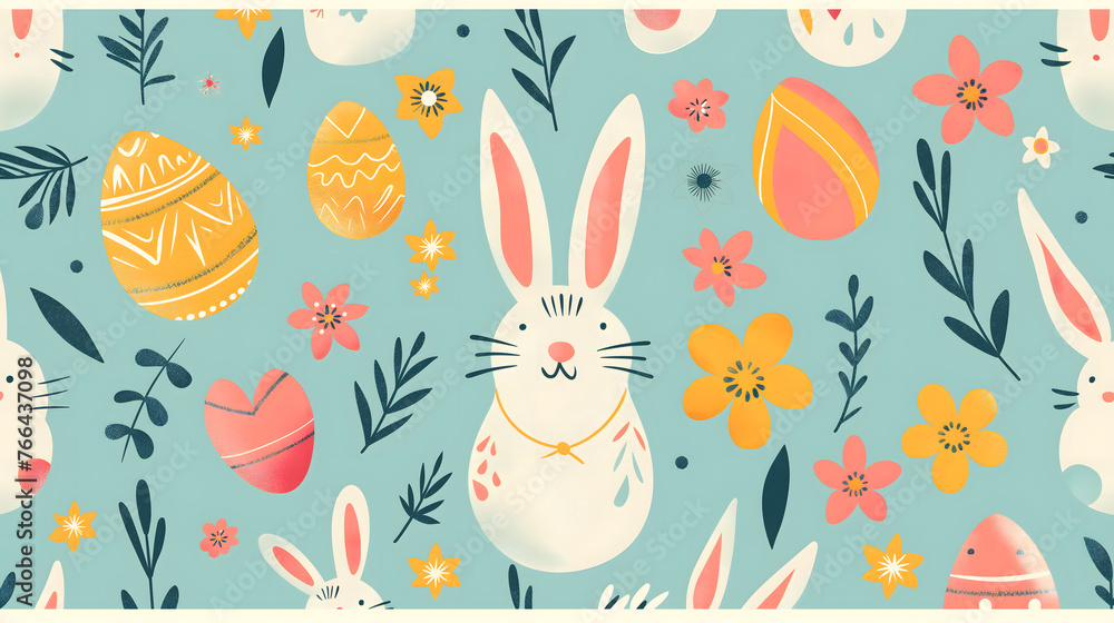 Charming Easter Pattern with Bunnies and Decorated Eggs Charming Easter Pattern with Bunnies and Decorated Eggs