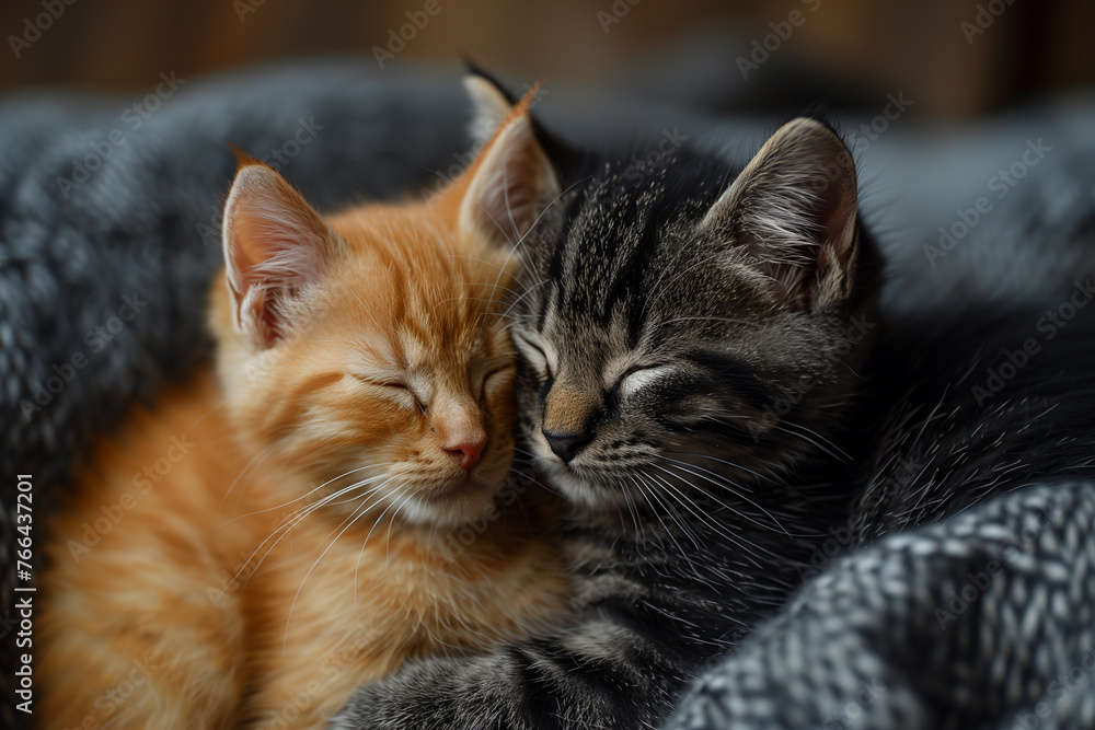 Two young cats snuggle closely on a soft blanket