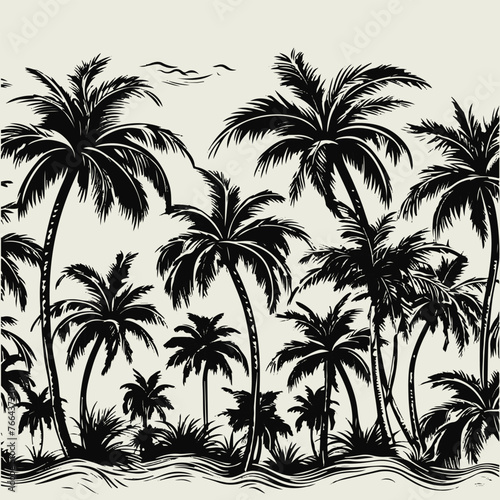 Palm tree silhouettes doodle art with tropical iland summer vacation background design.