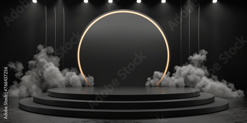 round black podium with smoke on dark background, mock up for montage and products.