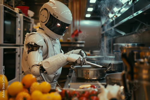 A futuristic robot chef preparing a meal with fresh vegetables in a steamy, modern kitchen environment..