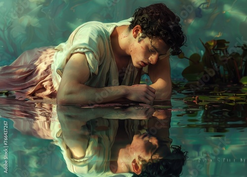 Narcissus in love with his own reflection in the water , narcissism concept