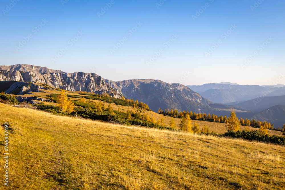 Beautiful mountain pasture in autumn colors. Mountain view from Austria.