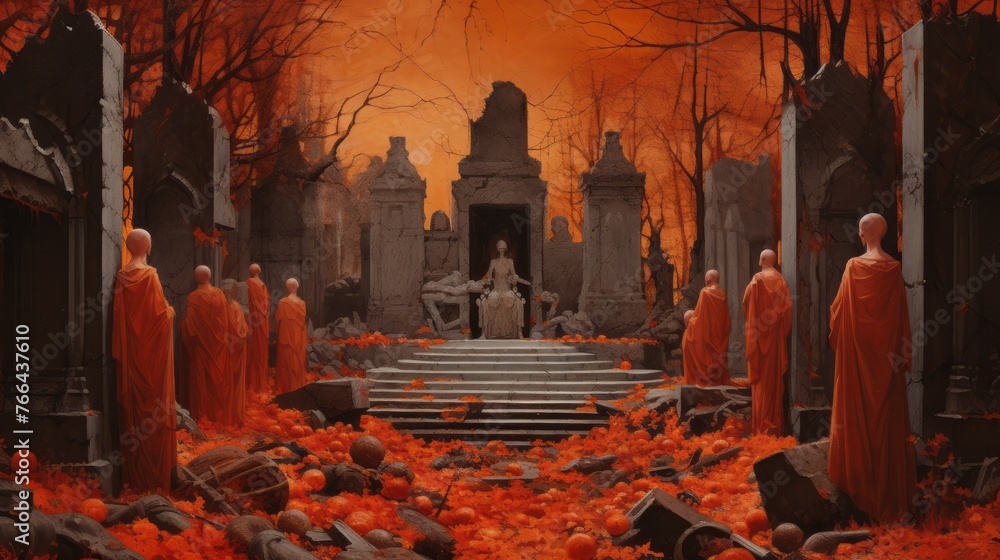 A painting of a graveyard with a statue of Jesus Christ in the middle. The painting is in orange and red tones - obrazy, fototapety, plakaty 