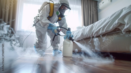 Disinfector in a protective suit and breathing mask spraying bed bug spray in a room photo