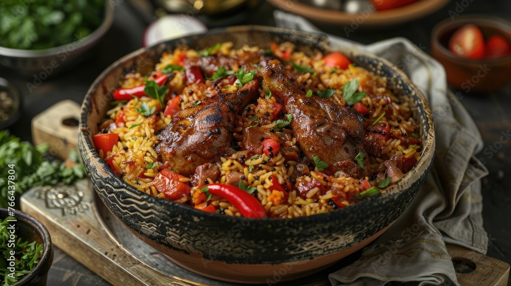 Arabic rice with quail, in the style of Pinnadhrayal