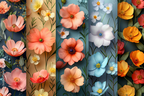 Collection of various peach white blue yellow soft pastel colors flowers displayed on a wall bookmarks