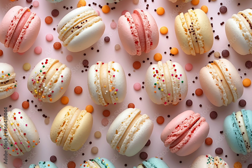 French colorful macarons background, close up