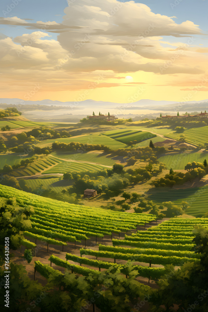 Sunlit Vineyard Panorama: Rural Landscape and Viticulture