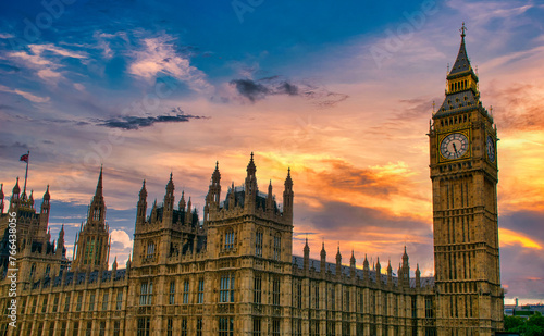 Big Ben and Westminster Palace at sunset in London  UK