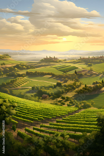 Sunlit Vineyard Panorama  Rural Landscape and Viticulture