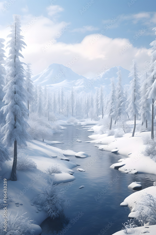Snowy Serenity: Tranquil Winter Landscape with Frozen Lake