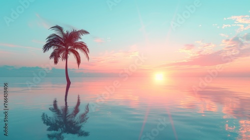 A peaceful tropical sunset scene with a single palm tree standing tall against a backdrop of cotton candy clouds reflected over the smooth surface of calm waters. © Riz
