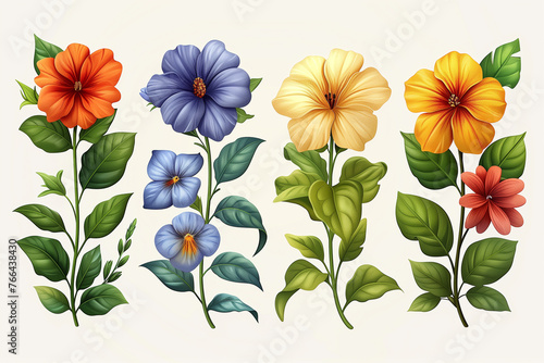 Set of different colored flowers arranged on white background wallpaper