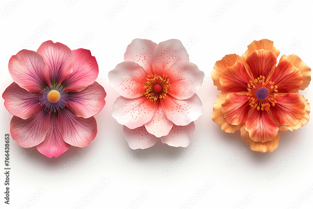 Fototapeta premium Set of different colored flowers arranged on white background wallpaper