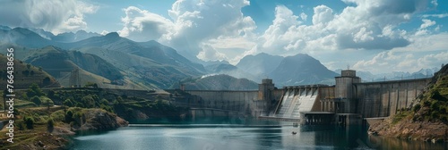 Hydroelectric power station at a dam in a mountainous region photo