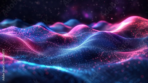 A 3D rendering of an abstract  digital landscape  featuring undulating waves of neon light against a backdrop of deep space with vibrant hues of electric blue  magenta  and neon green