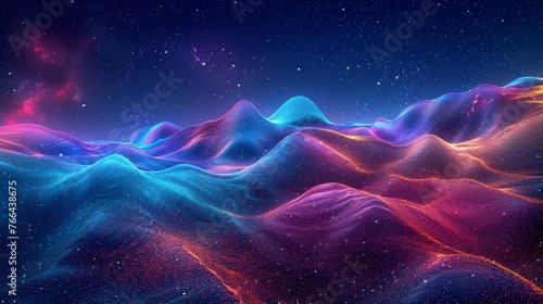 A 3D rendering of an abstract, digital landscape, featuring undulating waves of neon light against a backdrop of deep space with vibrant hues of electric blue, magenta, and neon green photo