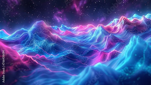 A 3D rendering of an abstract  digital landscape  featuring undulating waves of neon light against a backdrop of deep space with vibrant hues of electric blue  magenta  and neon green