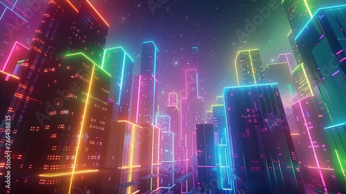 A 3D render of an abstract futuristic cityscape, with towering neon structures and floating platforms against a starlit sky with a spectrum of neon lights, from vivid purples to electric blues