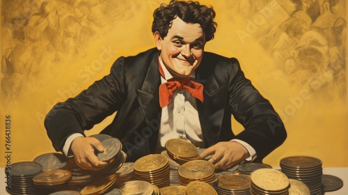 A man in a suit is sitting on a table with a pile of gold coins. He is smiling and he is very happy. Concept of wealth and prosperity, as well as a feeling of contentment and satisfaction photo