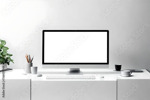 mockup computer screen on a work table in front of a white wall