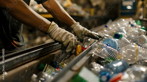 Green tevhnology, hands sorting plastic at a recycling factory, showcasing the human aspect of plastic recycling and the importance of manual sorting in the process