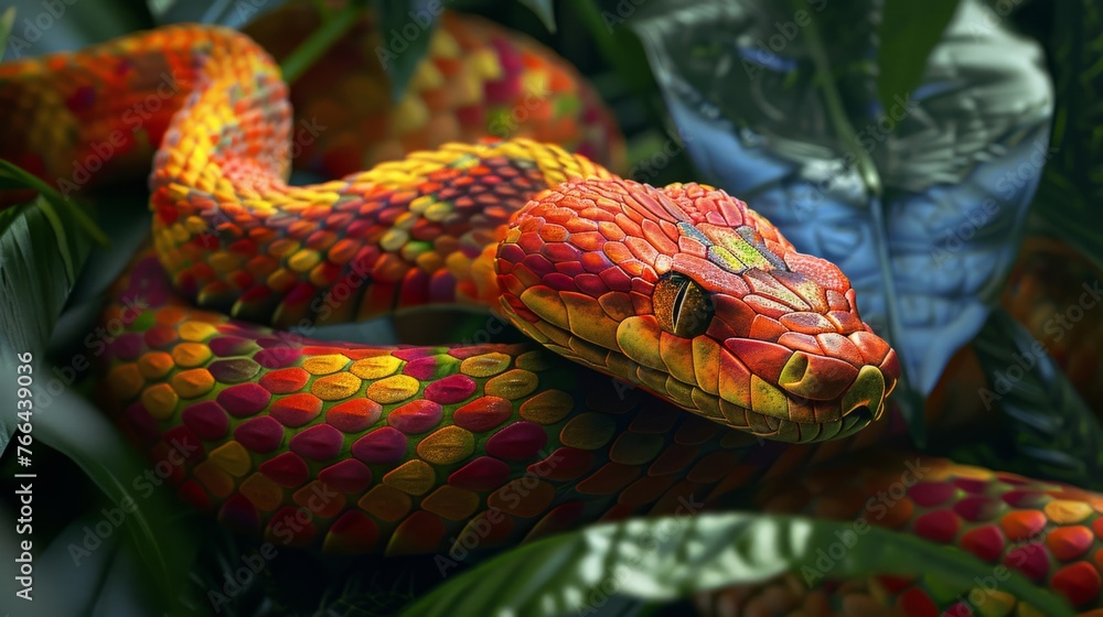Slithering snakes navigating through dense foliage, their vibrant ...