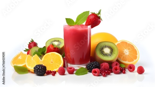 Fruit mix with strawberries, blueberries and blackberries on a white background.