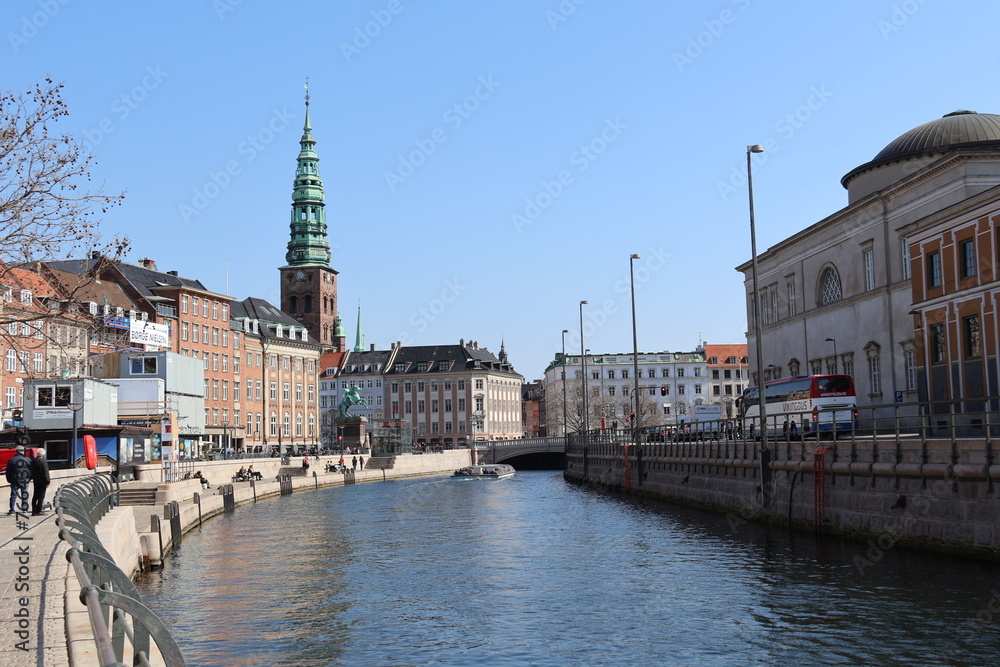 View at canal on Houses on Gammel Strand in Copenhagen, Denmark