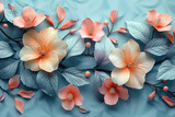 Various flowers arranged on a blue background wallpaper
