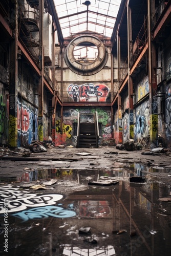 The abandoned building is covered in graffiti tags belonging to the notorious Gang. The walls are filled with colorful and intricate designs, showcasing the gangs presence in the area