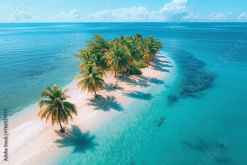 tropical paradise uninhabited island with sandy beach and palm trees on coast in ocean photo