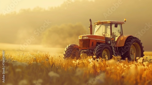 The tractor goes through the field and collects, lays the harvest photo