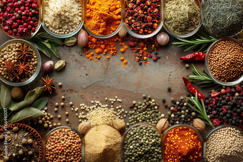A table filled with bowls containing an assortment of spices top view, copy space