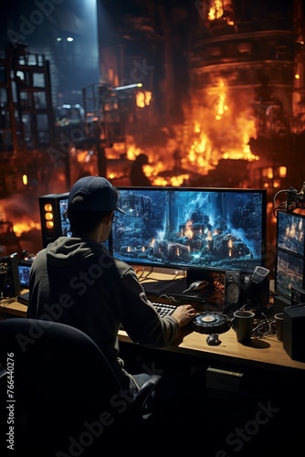 A man is sitting at a desk in front of a computer, focusing on his work. The room is well-lit, and the computer screen displays various applications and data