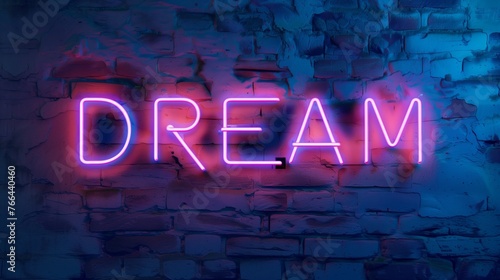 Neon DREAM text on dark wall background