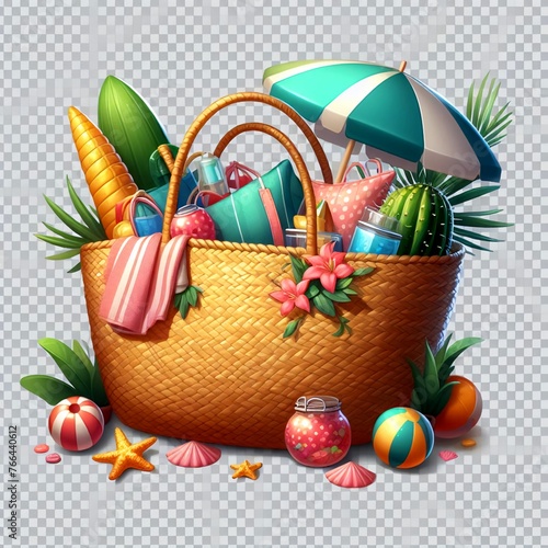 Colorful beach bag with colorful accessories, empty background, no background.
