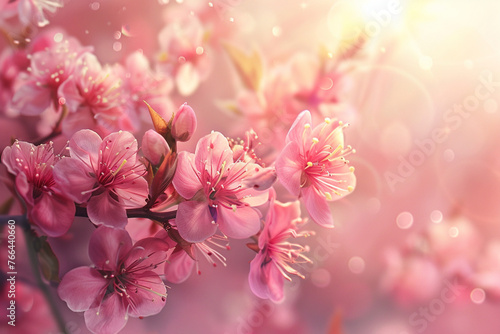 Spring border or background art with pink blossom. Beautiful nature scene with blooming tree and sun flare 