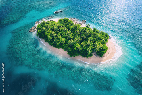 tropical paradise uninhabited island with sandy beach and palm trees on coast in ocean. Aerial top view of drone from above photo