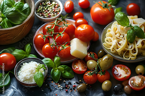 A variety of ingredients for an Italian menu of fresh tomatoes and basil  olives and cheese are located on a dark surface. Concept  food for gourmets and lovers of Mediterranean cuisine.