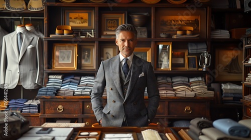 A distinguished male tailor with silver hair stands confidently in his bespoke tailoring shop, surrounded by elegant suits, shirts, and gentleman’s accessories.