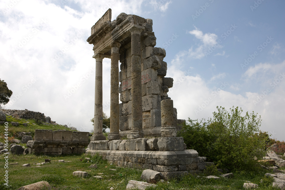 Lebanon ruins of the Mashnaka temple on a cloudy spring day