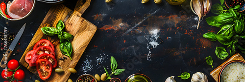 Italian food cooking ingredients on dark background with rustic wooden chopping board in center, top view, copy space photo