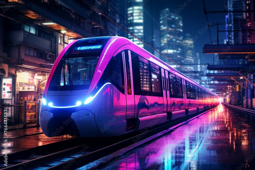 Naklejka premium Pink and Blue Train Traveling Down Train Tracks