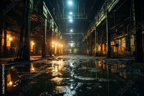 An eerie abandoned factory building with water on the floor reflecting the lights